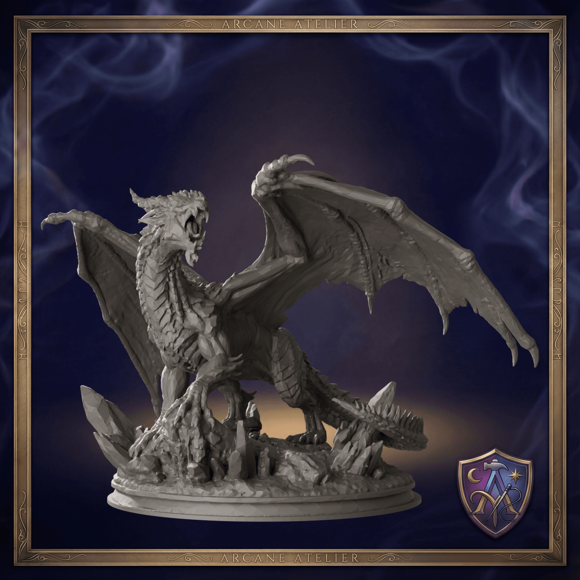 Digitaler Produkt-Render von Junger Drache mit ausgebreiteten Flügeln auf Kristallfelsen in unbemaltem Dunkelgrau.