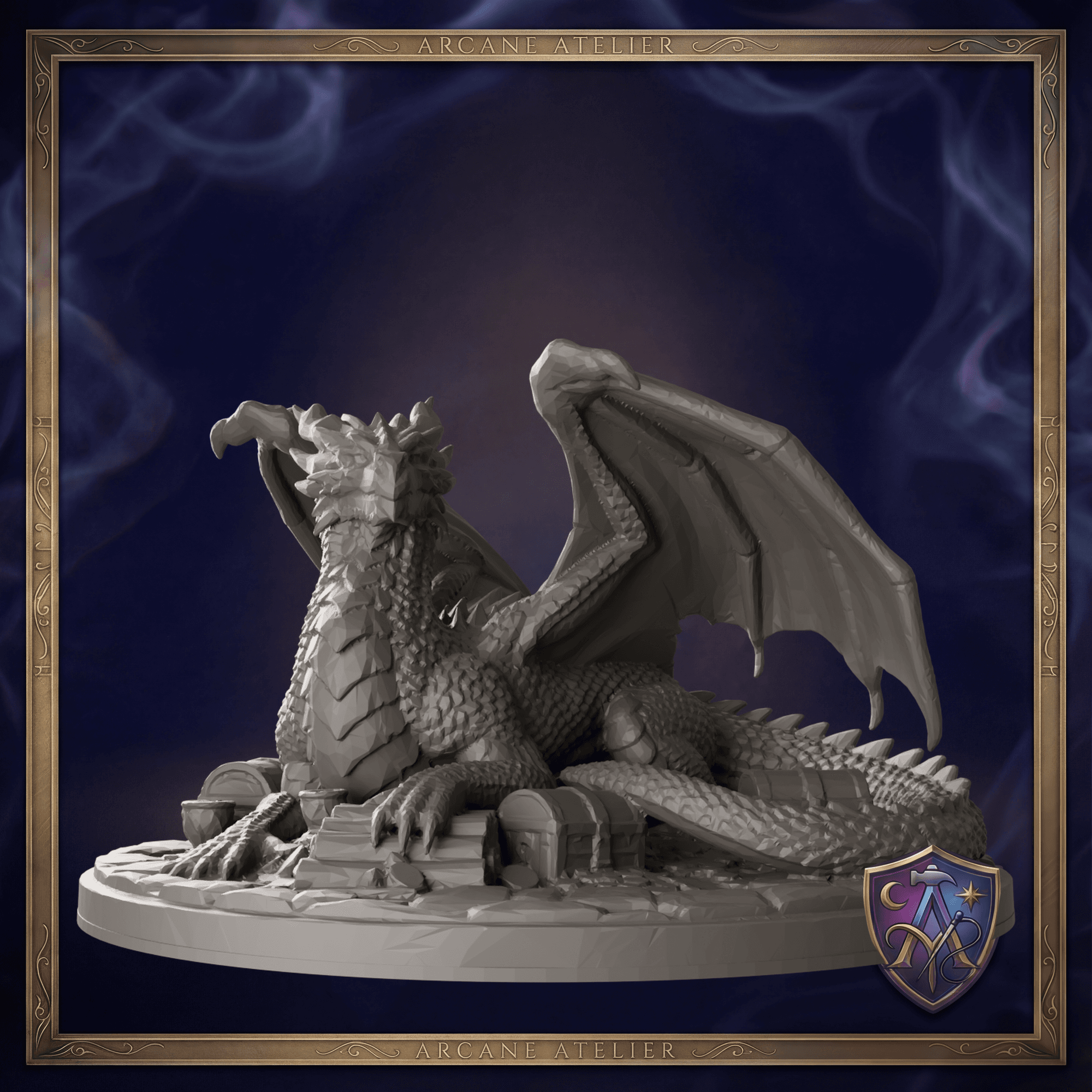 Digitaler Produkt-Render von Uralter Golddrache in unbemaltem Dunkelgrau.