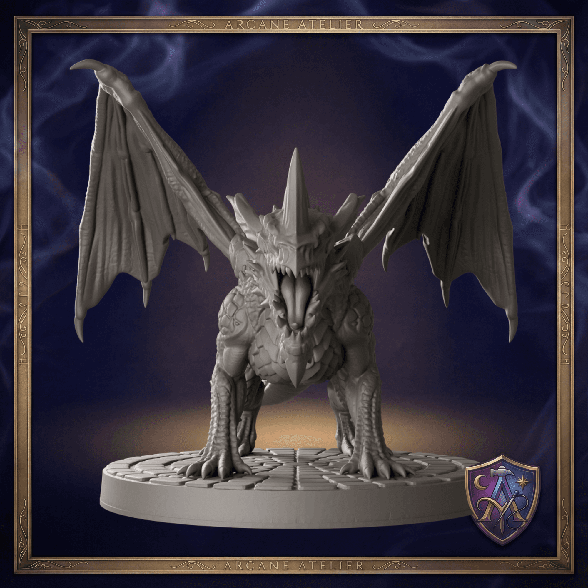 Digitaler Produkt-Render von Blauer Drache in unbemaltem Dunkelgrau.
