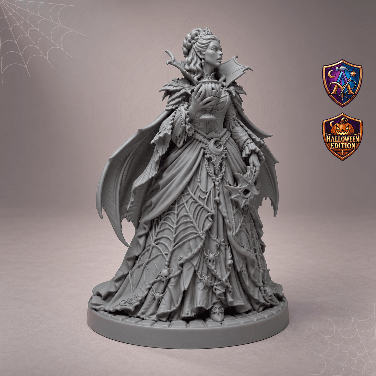 Produktansicht (1 von 4) / Product view von Vampir-Zauberin mit Fledermausflügeln und Kürbiskelch; die Resin-Miniatur wird unbemalt geliefert / the resin miniature is supplied unpainted.